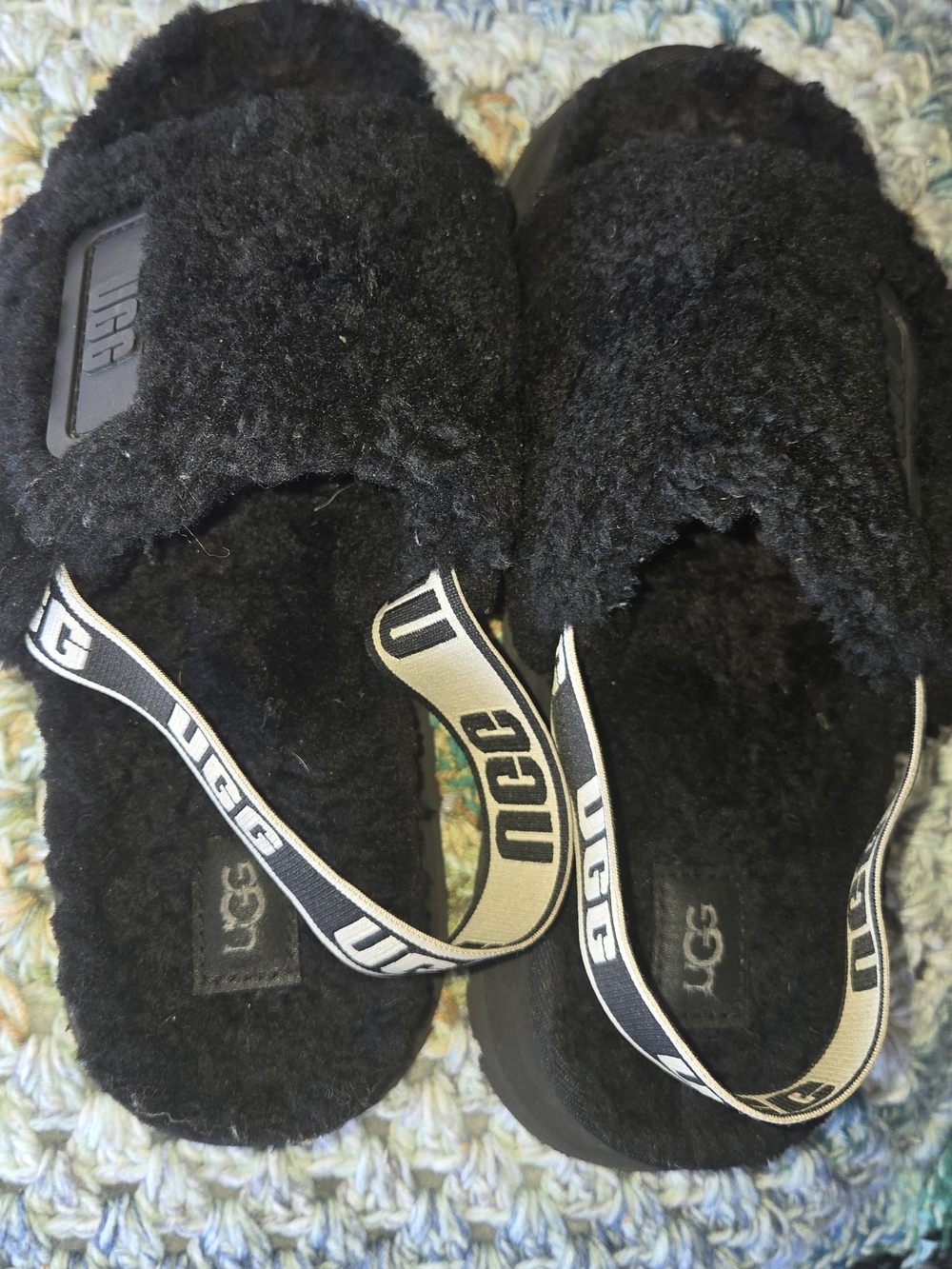 UGG Black Faux-Shearling Slide Sandals with Branded Heel Strap